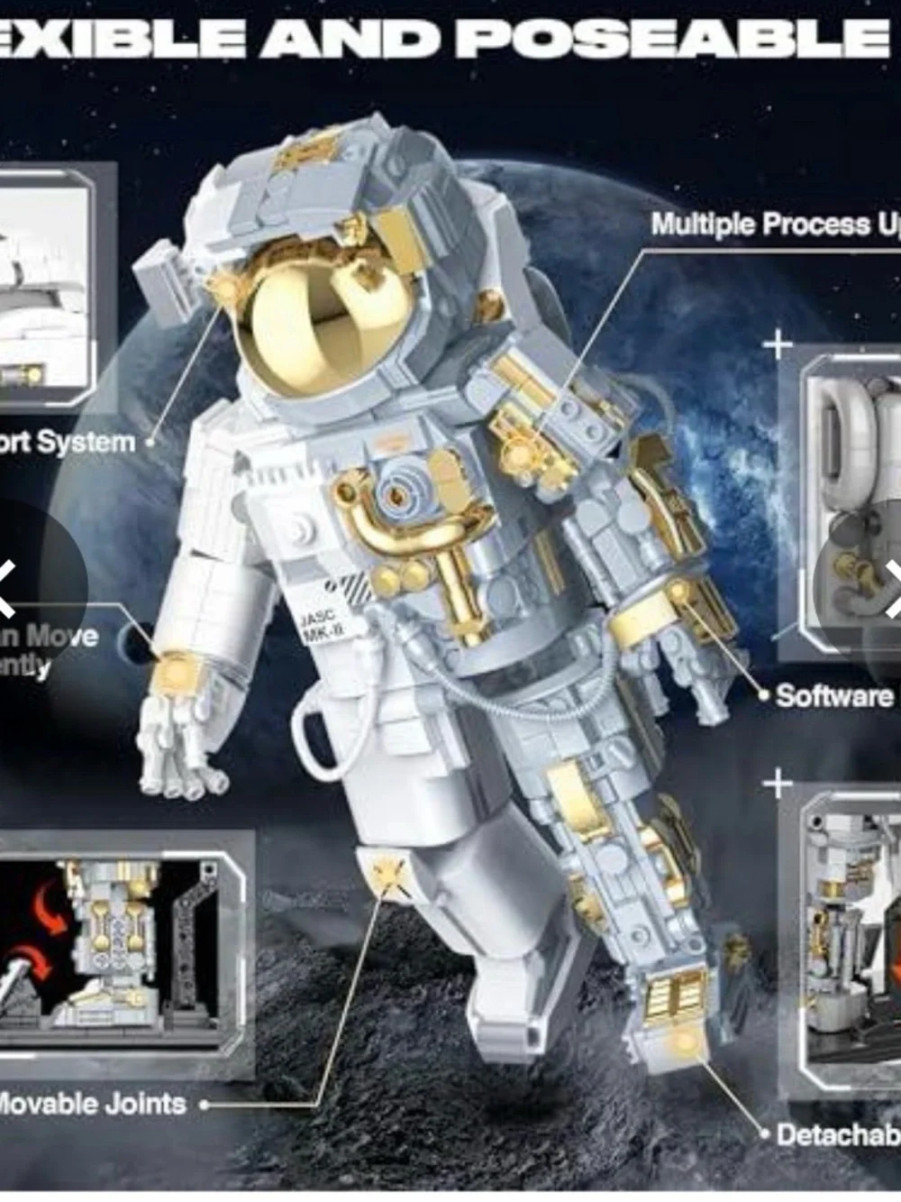 FarBlocked White Astronaut Building Block Figure with Gold Visor Accents
